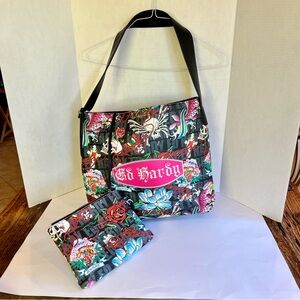 NEW Ed Hardy Vibrant Floral and Tiger Tote Bag with Matching Detachable Pouch